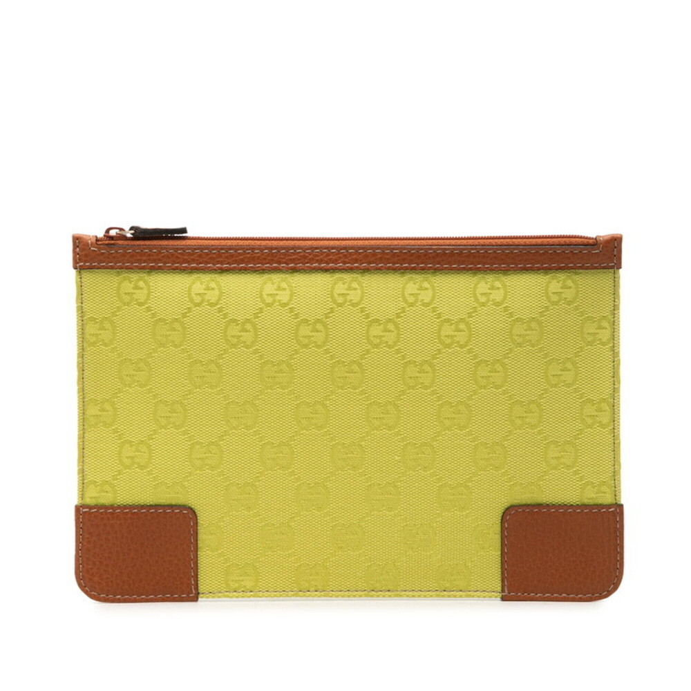 Gucci GG Canvas Clutch Bag, Second Handbag, Pouch, 150415, Green/Brown Leathe...